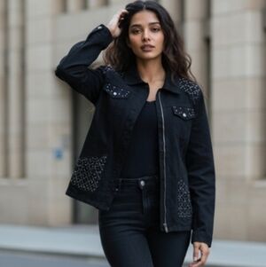 Tudor Court Haband Star-Studded Denim Jean Jacket 100% Cotton Black Size Large